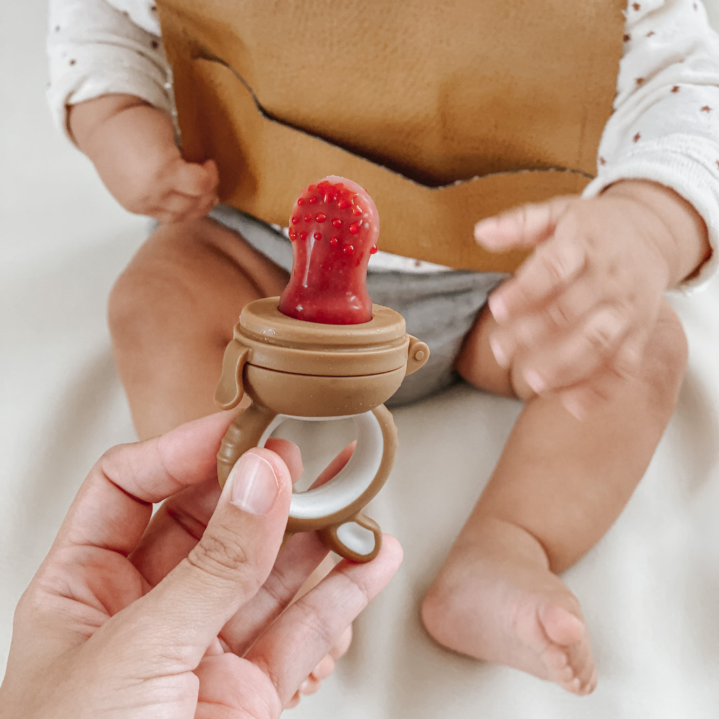 a mom handing the forage feeder filled with fruit to her baby